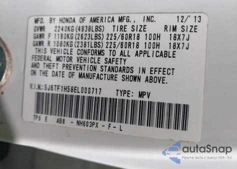 2014 Honda Crosstour Ex-L V6 z USA, uszkodzony, nr VIN 5J6TF1H58EL000717